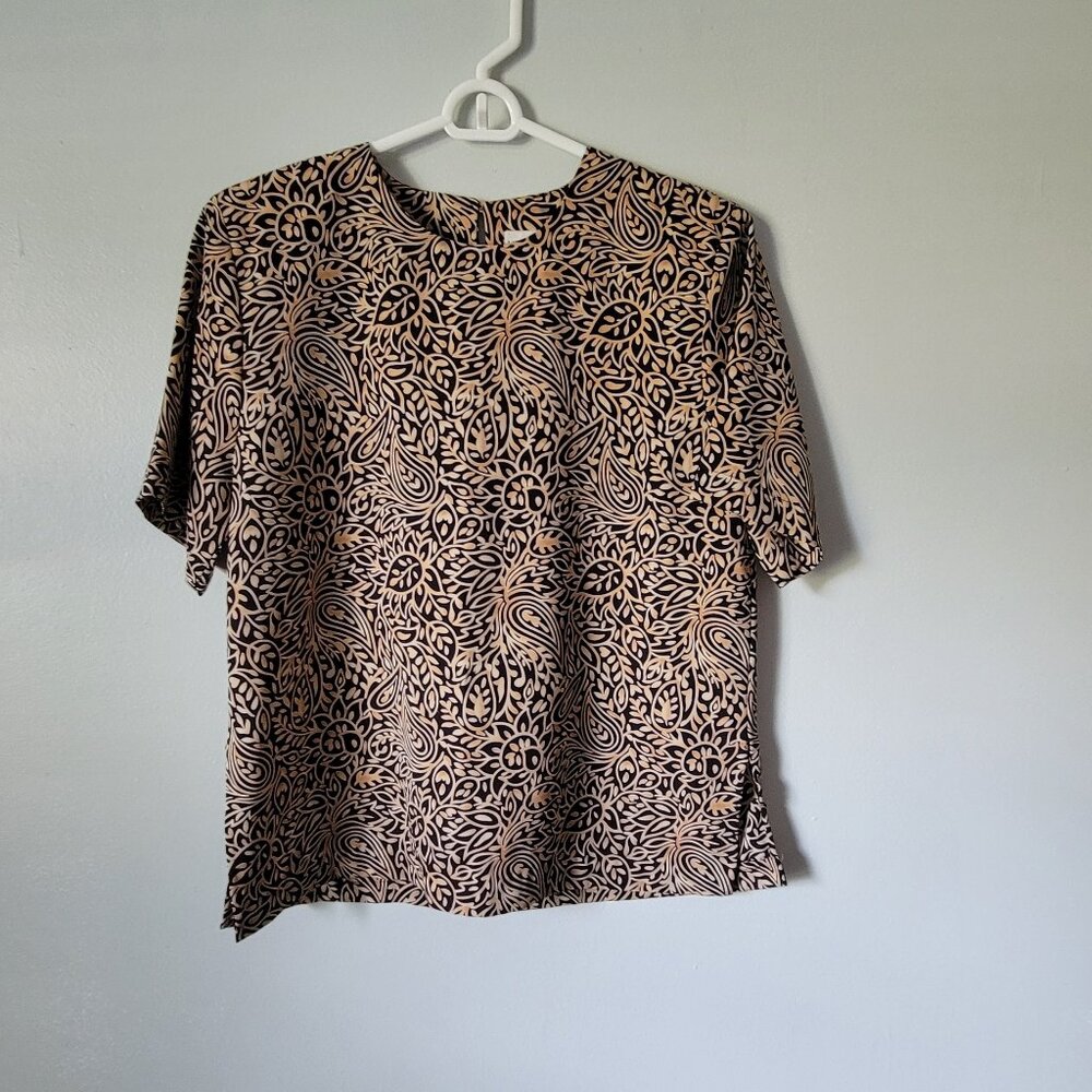 Liz Baker Blouse Women's Small Essentials Black Gold Leaf/Floral Short Sleeve